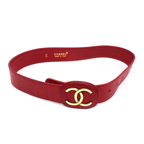 CHANEL Accessories - B0 Vintage Excellent CHANEL CC Logo Red Leather Belt Oval Buckle Italy Sz 70/28